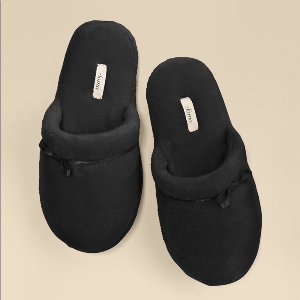 Soma Black Plush Scuff Bow Slippers Shoes